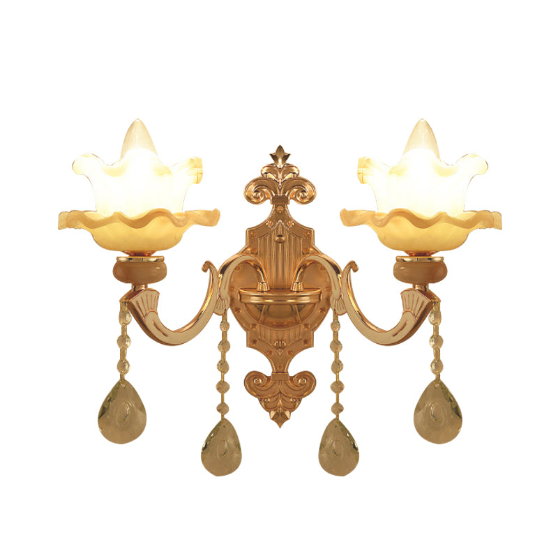 Swooping Arm Crystal Wall Sconce 2 Bulbs Living Room Wall Lamp in Gold with Frosted Glass Shade Clearhalo 'Modern wall lights' 'Modern' 'Wall Lamps & Sconces' 'Wall Lights' Lighting' 889028