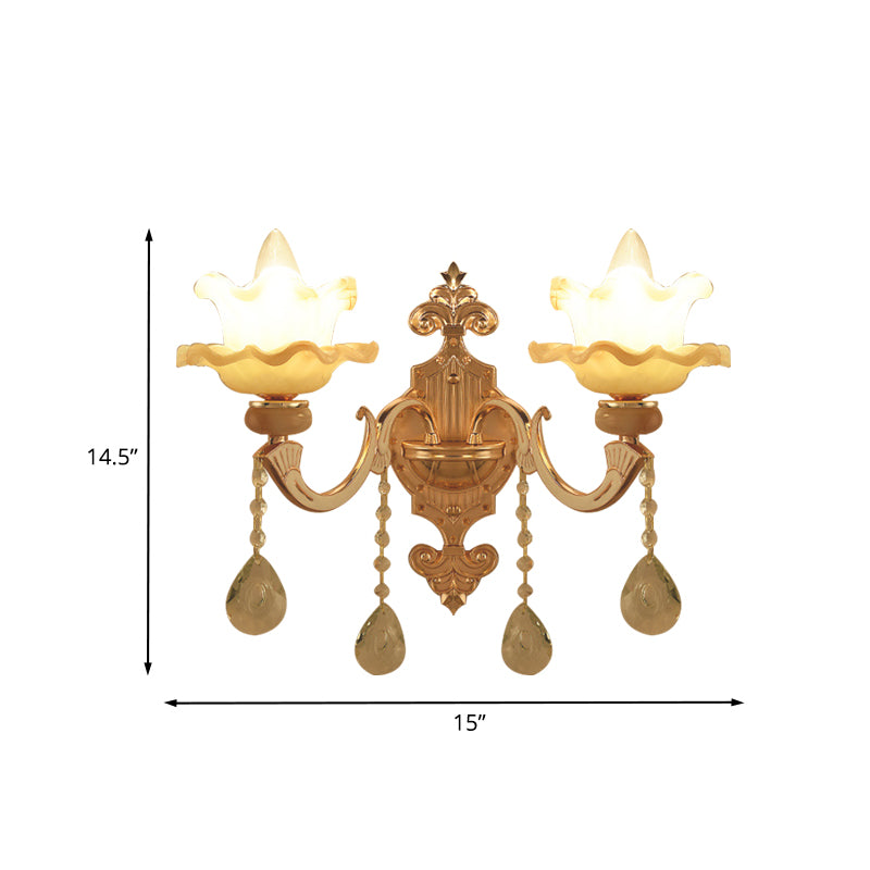 Swooping Arm Crystal Wall Sconce 2 Bulbs Living Room Wall Lamp in Gold with Frosted Glass Shade Clearhalo 'Modern wall lights' 'Modern' 'Wall Lamps & Sconces' 'Wall Lights' Lighting' 889029