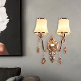 Opal Glass Brass Wall Lighting Scrolling Arm 2 Heads Minimalist Crystal Wall Mounted Lamp Clearhalo 'Modern wall lights' 'Modern' 'Wall Lamps & Sconces' 'Wall Lights' Lighting' 889031