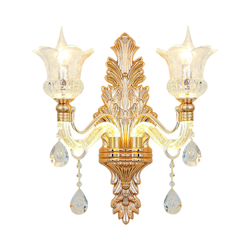 Simple Flower Wall Lamp 2 Lights Clear Crystal Glass Wall Sconce with Luminous Arm and Carved Backplate Clearhalo 'Modern wall lights' 'Modern' 'Wall Lamps & Sconces' 'Wall Lights' Lighting' 889035