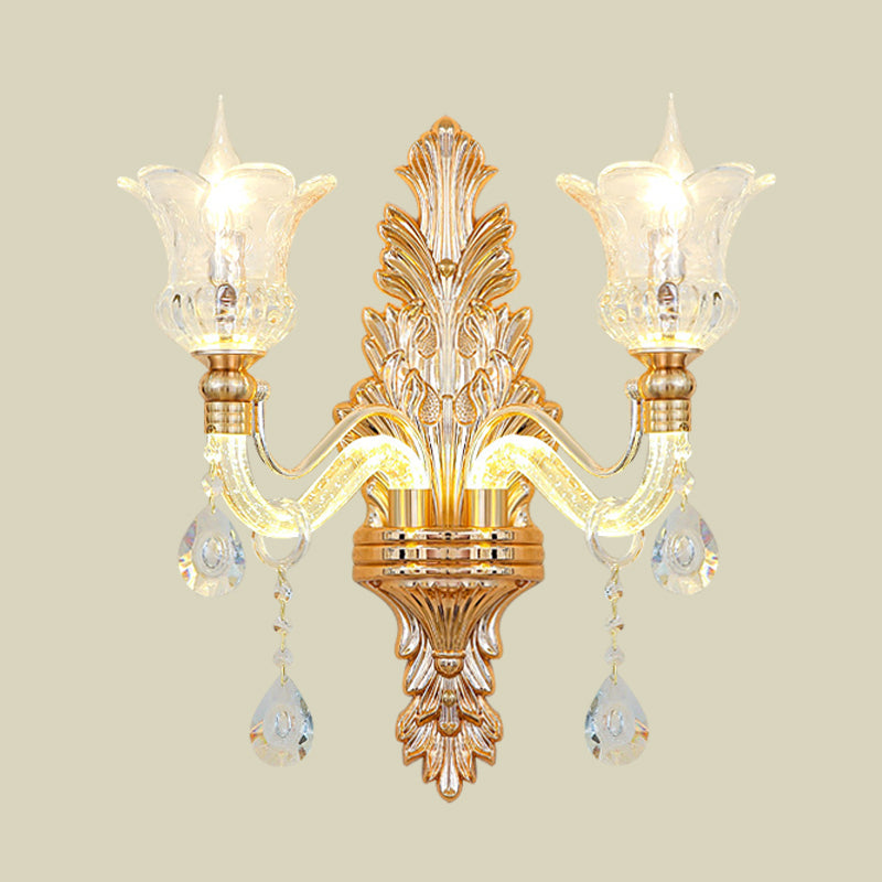 Simple Flower Wall Lamp 2 Lights Clear Crystal Glass Wall Sconce with Luminous Arm and Carved Backplate Clearhalo 'Modern wall lights' 'Modern' 'Wall Lamps & Sconces' 'Wall Lights' Lighting' 889036