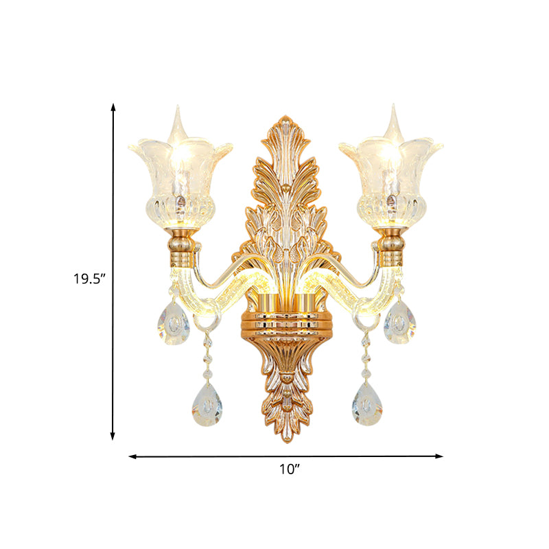 Simple Flower Wall Lamp 2 Lights Clear Crystal Glass Wall Sconce with Luminous Arm and Carved Backplate Clearhalo 'Modern wall lights' 'Modern' 'Wall Lamps & Sconces' 'Wall Lights' Lighting' 889037