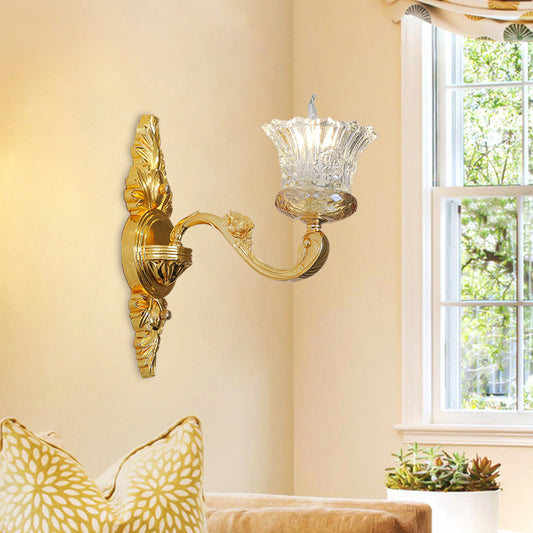 Single Bulb Crystal Glass Sconce Simple Gold Flower Corridor Wall Light with Swooping Arm Gold Clearhalo 'Modern wall lights' 'Modern' 'Wall Lamps & Sconces' 'Wall Lights' Lighting' 889038