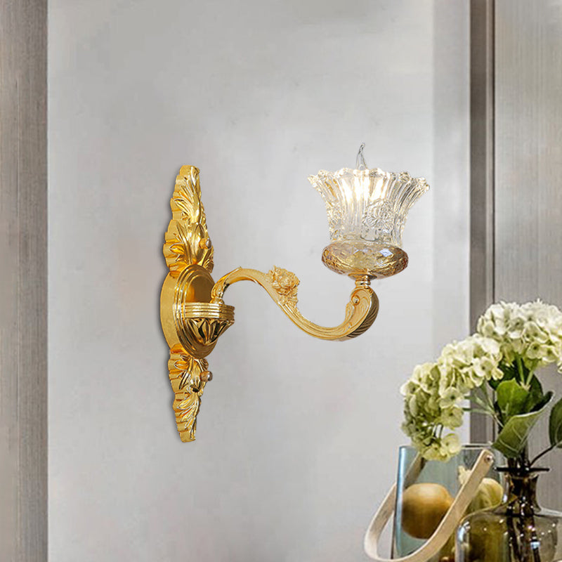 Single Bulb Crystal Glass Sconce Simple Gold Flower Corridor Wall Light with Swooping Arm Clearhalo 'Modern wall lights' 'Modern' 'Wall Lamps & Sconces' 'Wall Lights' Lighting' 889039