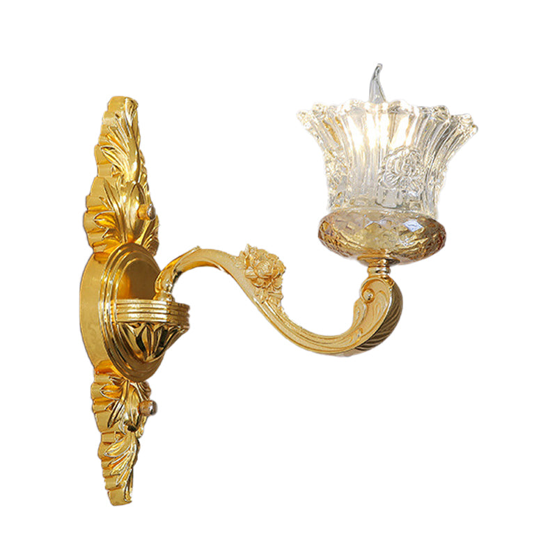 Single Bulb Crystal Glass Sconce Simple Gold Flower Corridor Wall Light with Swooping Arm Clearhalo 'Modern wall lights' 'Modern' 'Wall Lamps & Sconces' 'Wall Lights' Lighting' 889040