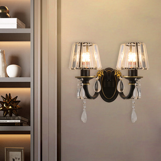 Conical Crystal Wall Lamp Sconce Modern 2 Lights Living Room Wall Light in Black and Gold Black-Gold Clearhalo 'Modern wall lights' 'Modern' 'Wall Lamps & Sconces' 'Wall Lights' Lighting' 889042