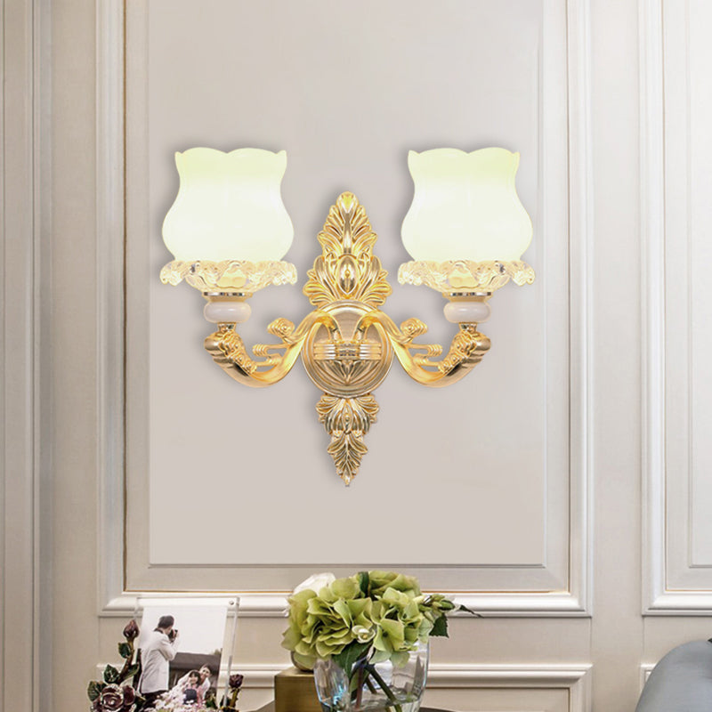 Cream Glass Bloom Wall Light Simplicity 2 Heads Living Room Crystal Wall Mounted Lighting in Gold Gold Clearhalo 'Cast Iron' 'Glass' 'Industrial' 'Modern wall lights' 'Modern' 'Tiffany' 'Traditional wall lights' 'Wall Lamps & Sconces' 'Wall Lights' Lighting' 889046