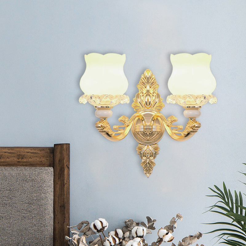 Cream Glass Bloom Wall Light Simplicity 2 Heads Living Room Crystal Wall Mounted Lighting in Gold Clearhalo 'Cast Iron' 'Glass' 'Industrial' 'Modern wall lights' 'Modern' 'Tiffany' 'Traditional wall lights' 'Wall Lamps & Sconces' 'Wall Lights' Lighting' 889047