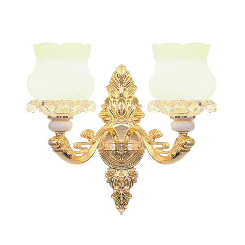 Cream Glass Bloom Wall Light Simplicity 2 Heads Living Room Crystal Wall Mounted Lighting in Gold Clearhalo 'Cast Iron' 'Glass' 'Industrial' 'Modern wall lights' 'Modern' 'Tiffany' 'Traditional wall lights' 'Wall Lamps & Sconces' 'Wall Lights' Lighting' 889048
