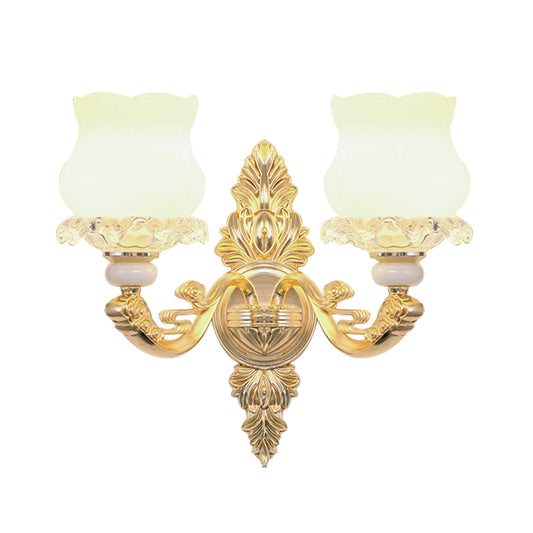 Cream Glass Bloom Wall Light Simplicity 2 Heads Living Room Crystal Wall Mounted Lighting in Gold Clearhalo 'Cast Iron' 'Glass' 'Industrial' 'Modern wall lights' 'Modern' 'Tiffany' 'Traditional wall lights' 'Wall Lamps & Sconces' 'Wall Lights' Lighting' 889048