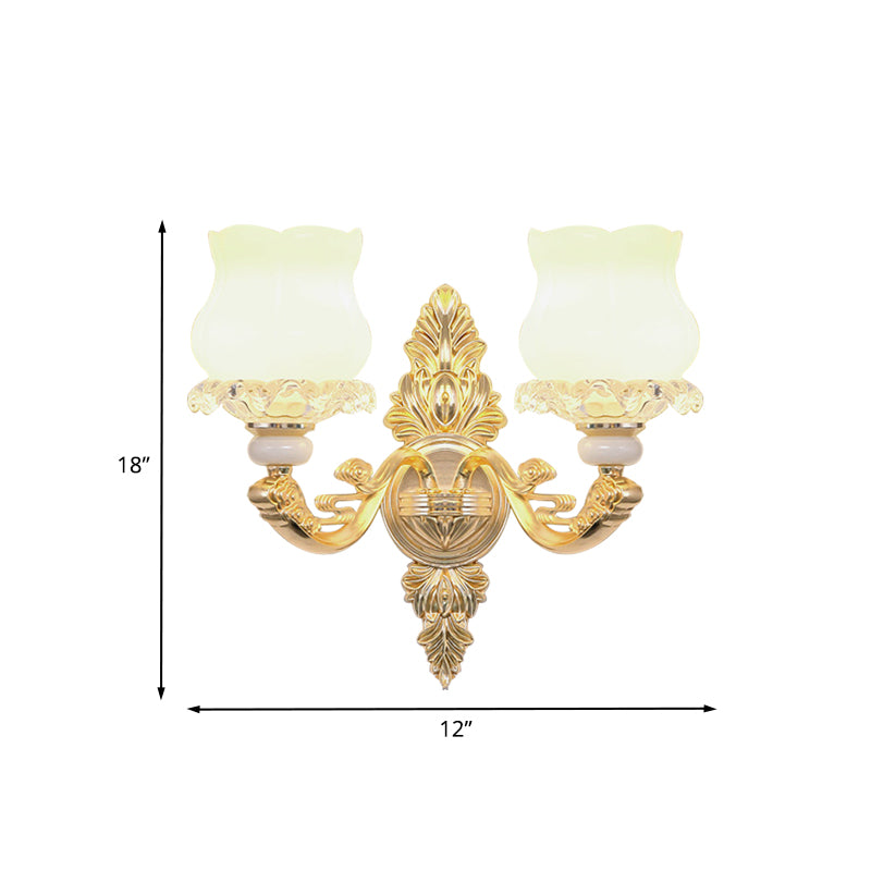 Cream Glass Bloom Wall Light Simplicity 2 Heads Living Room Crystal Wall Mounted Lighting in Gold Clearhalo 'Cast Iron' 'Glass' 'Industrial' 'Modern wall lights' 'Modern' 'Tiffany' 'Traditional wall lights' 'Wall Lamps & Sconces' 'Wall Lights' Lighting' 889049