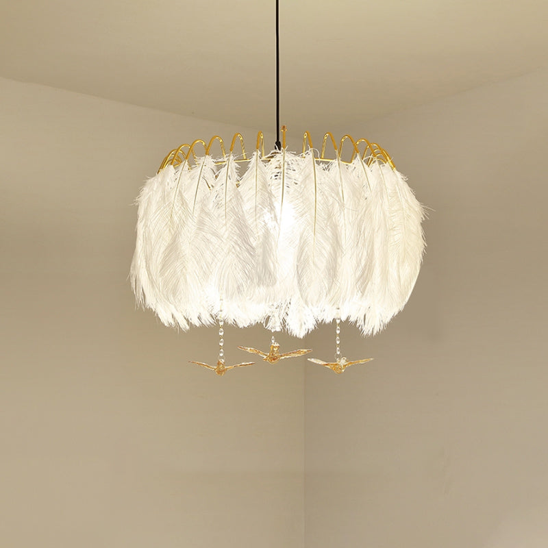 Feather Metal Chandelier Light Fixture Minimalist 4 Heads Bedroom Suspension Lamp in White Clearhalo 'Ceiling Lights' 'Chandeliers' 'Modern Chandeliers' 'Modern' Lighting' 889067