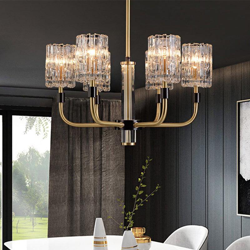 6-Head Clear Crystal Pendant Traditionalist Gold Cylindrical Restaurant Chandelier Light Fixture Gold Clearhalo 'Ceiling Lights' 'Chandeliers' Lighting' options 889074_2e0c591e-163b-4f95-aa3d-8745e98bdaed