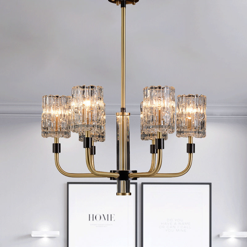 6-Head Clear Crystal Pendant Traditionalist Gold Cylindrical Restaurant Chandelier Light Fixture Clearhalo 'Ceiling Lights' 'Chandeliers' Lighting' options 889075