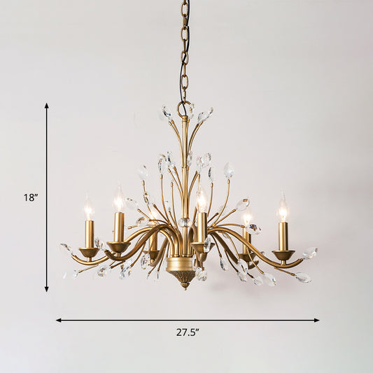 Candlestick Bedroom Pendant Light Vintage Metal 6 Bulbs Gold Chandelier with Crystal Decor Clearhalo 'Ceiling Lights' 'Chandeliers' Lighting' options 889081