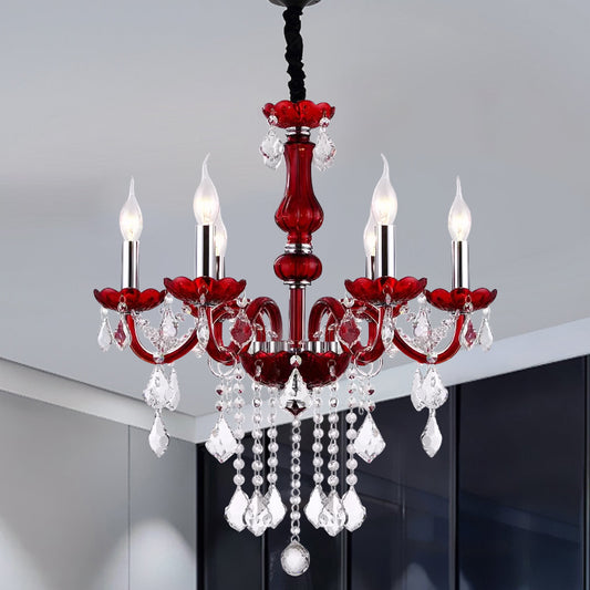 Red Candlestick Hanging Pendant Antique Faceted Crystal 6 Heads Living Room Chandelier Clearhalo 'Ceiling Lights' 'Chandeliers' Lighting' options 889082