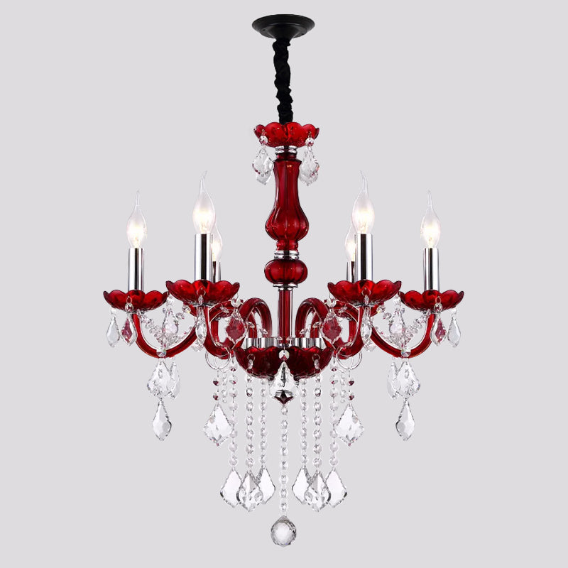 Red Candlestick Hanging Pendant Antique Faceted Crystal 6 Heads Living Room Chandelier Clearhalo 'Ceiling Lights' 'Chandeliers' Lighting' options 889084