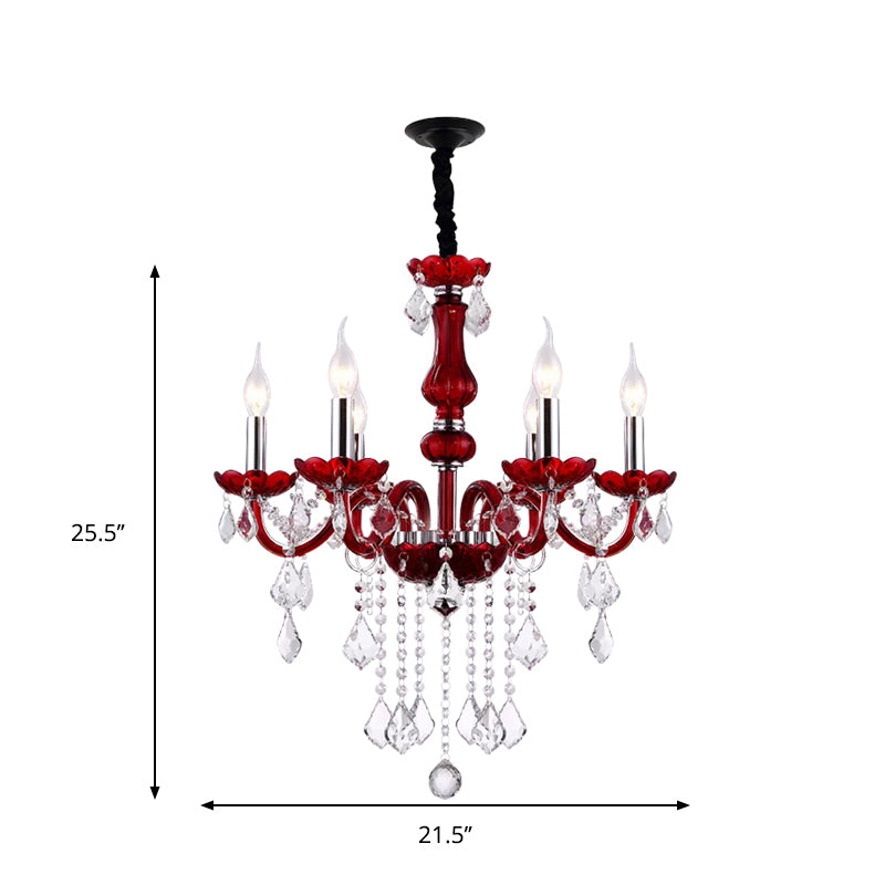 Red Candlestick Hanging Pendant Antique Faceted Crystal 6 Heads Living Room Chandelier Clearhalo 'Ceiling Lights' 'Chandeliers' Lighting' options 889085