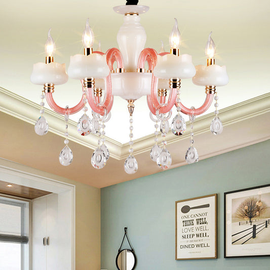 6-Light Pendant Chandelier Retro Candle Crystal Hanging Lamp in White an Pink for Bedroom Clearhalo 'Ceiling Lights' 'Chandeliers' Lighting' options 889090