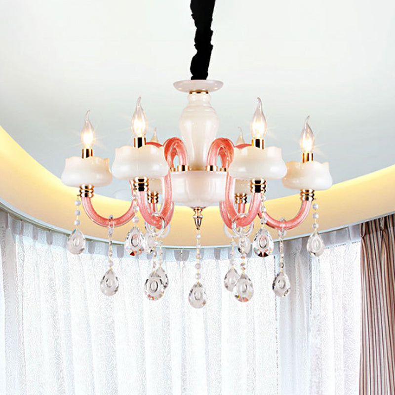 6-Light Pendant Chandelier Retro Candle Crystal Hanging Lamp in White an Pink for Bedroom Clearhalo 'Ceiling Lights' 'Chandeliers' Lighting' options 889091