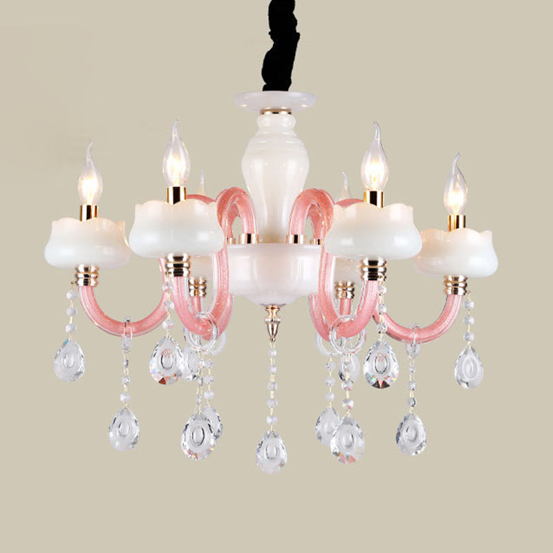 6-Light Pendant Chandelier Retro Candle Crystal Hanging Lamp in White an Pink for Bedroom Clearhalo 'Ceiling Lights' 'Chandeliers' Lighting' options 889092