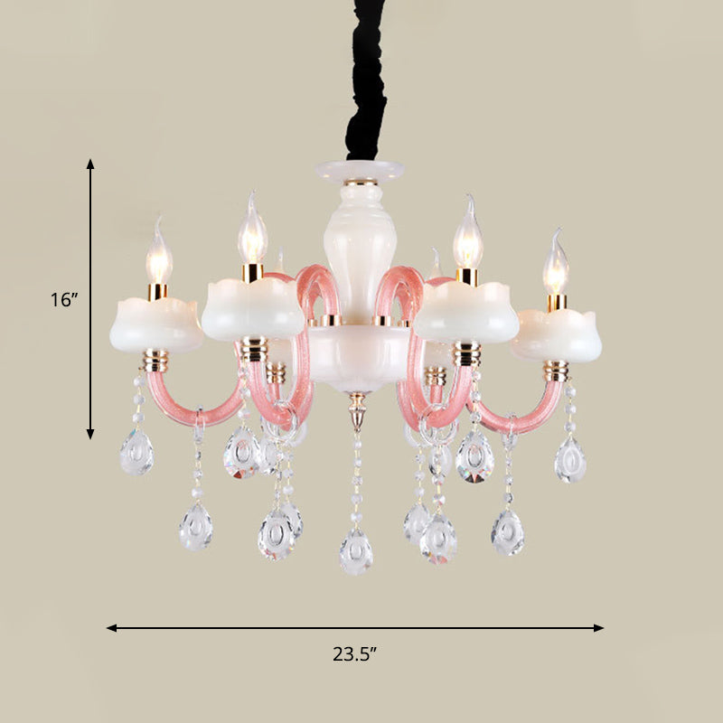 6-Light Pendant Chandelier Retro Candle Crystal Hanging Lamp in White an Pink for Bedroom Clearhalo 'Ceiling Lights' 'Chandeliers' Lighting' options 889093