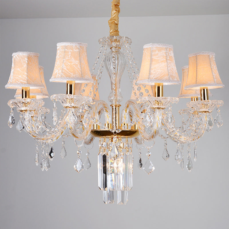 Bell/Candle Crystal Chandelier Light Vintage 8 Lights Dining Room Pendant in Gold with/without Fabric Shade Clearhalo 'Ceiling Lights' 'Chandeliers' Lighting' options 889095