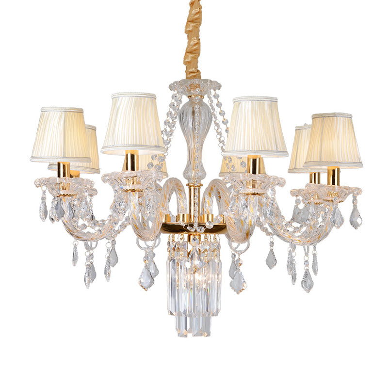 Bell/Candle Crystal Chandelier Light Vintage 8 Lights Dining Room Pendant in Gold with/without Fabric Shade Clearhalo 'Ceiling Lights' 'Chandeliers' Lighting' options 889096