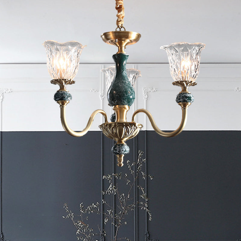 Clear Glass Bloom Hanging Light Antique 3/8 Heads Dining Room Chandelier Lighting in Gold Clearhalo 'Ceiling Lights' 'Chandeliers' Lighting' options 889103