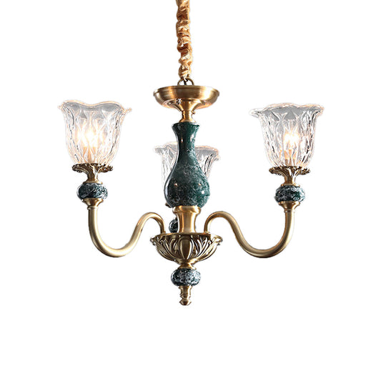 Clear Glass Bloom Hanging Light Antique 3/8 Heads Dining Room Chandelier Lighting in Gold Clearhalo 'Ceiling Lights' 'Chandeliers' Lighting' options 889105