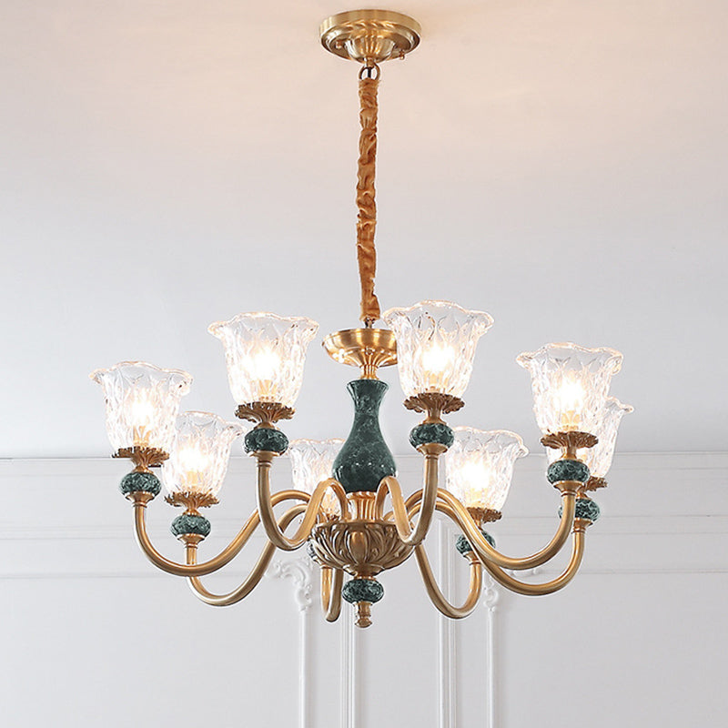 Clear Glass Bloom Hanging Light Antique 3/8 Heads Dining Room Chandelier Lighting in Gold Clearhalo 'Ceiling Lights' 'Chandeliers' Lighting' options 889107