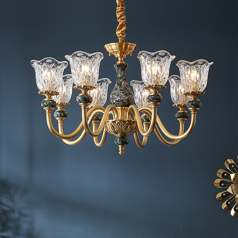 Clear Glass Bloom Hanging Light Antique 3/8 Heads Dining Room Chandelier Lighting in Gold Clearhalo 'Ceiling Lights' 'Chandeliers' Lighting' options 889108