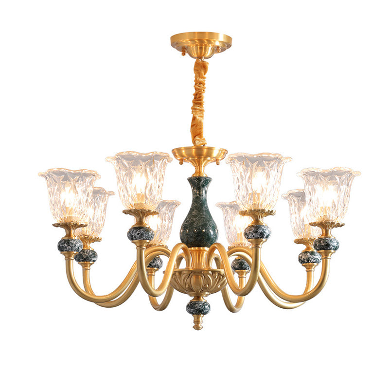 Clear Glass Bloom Hanging Light Antique 3/8 Heads Dining Room Chandelier Lighting in Gold Clearhalo 'Ceiling Lights' 'Chandeliers' Lighting' options 889109