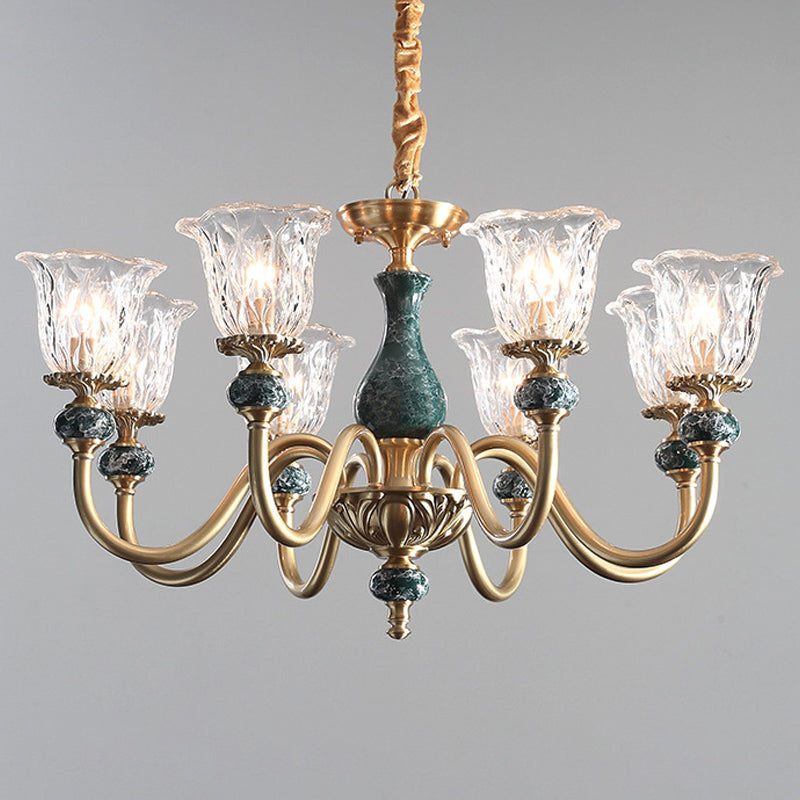 Clear Glass Bloom Hanging Light Antique 3/8 Heads Dining Room Chandelier Lighting in Gold Clearhalo 'Ceiling Lights' 'Chandeliers' Lighting' options 889110