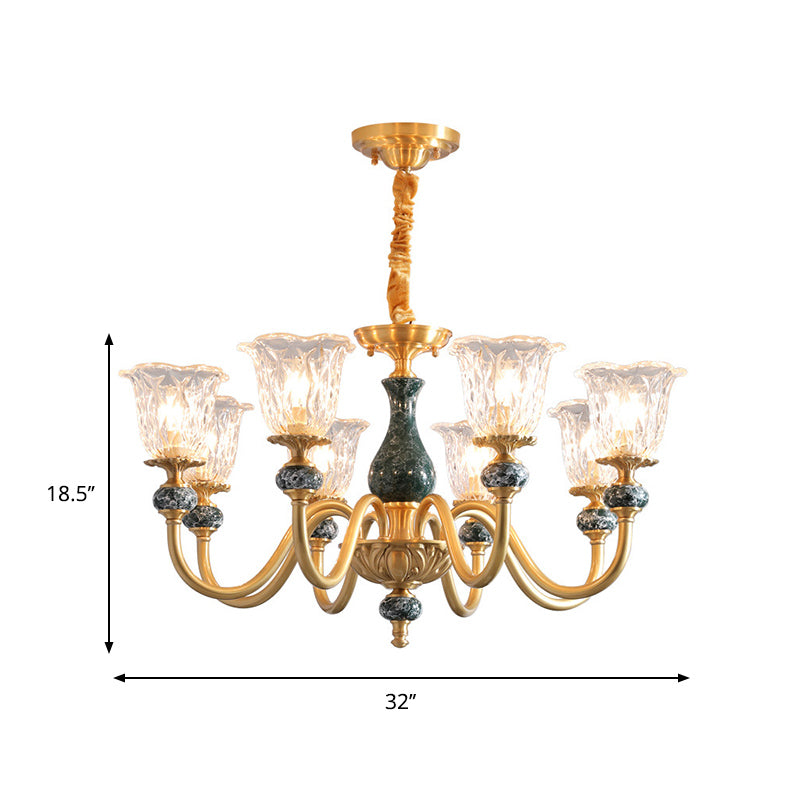 Clear Glass Bloom Hanging Light Antique 3/8 Heads Dining Room Chandelier Lighting in Gold Clearhalo 'Ceiling Lights' 'Chandeliers' Lighting' options 889111