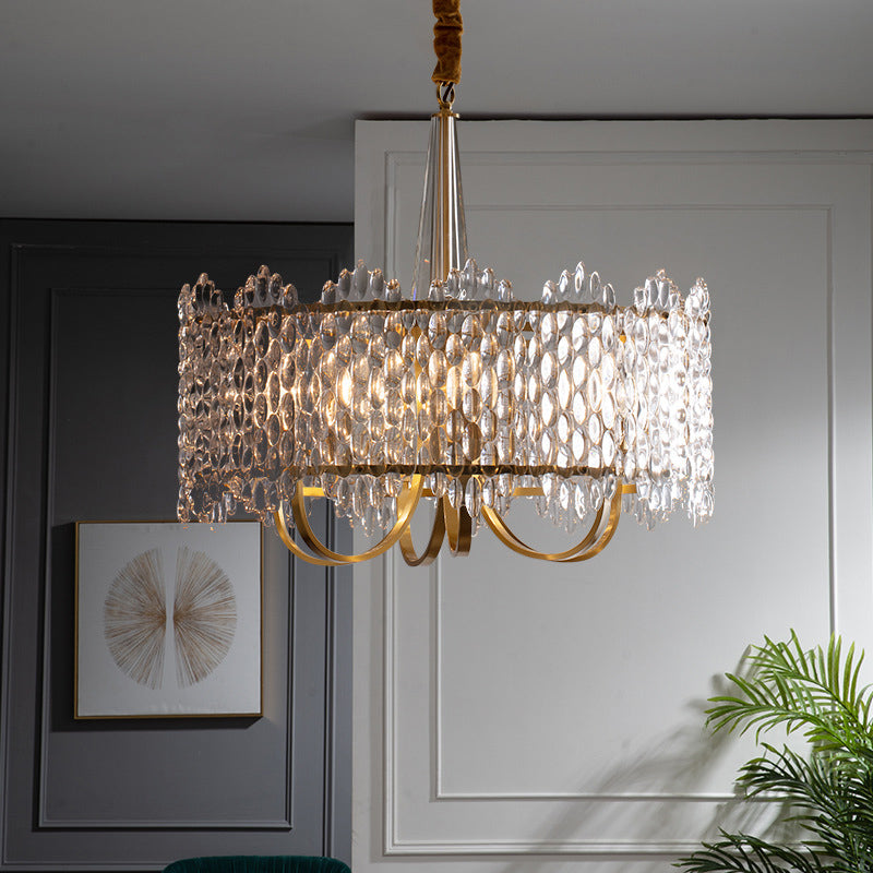 Antique Drum Suspension Lighting 6-Bulb Clear K9 Crystal Chandelier Pendant Light in Gold Clearhalo 'Ceiling Lights' 'Chandeliers' Lighting' options 889112