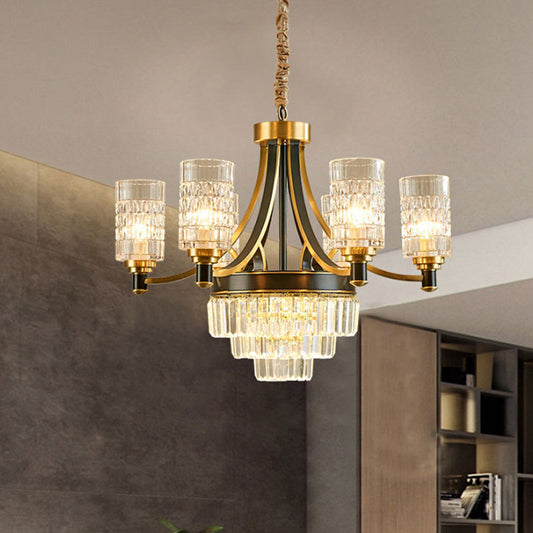 6 Bulbs Ceiling Pendant Retro Living Room Chandelier with Cylinder Clear Glass Shade in Gold Clearhalo 'Ceiling Lights' 'Chandeliers' Lighting' options 889116