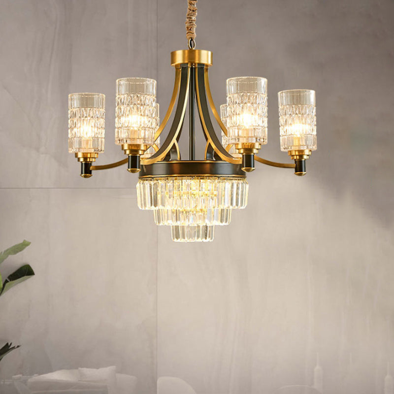 6 Bulbs Ceiling Pendant Retro Living Room Chandelier with Cylinder Clear Glass Shade in Gold Clearhalo 'Ceiling Lights' 'Chandeliers' Lighting' options 889117