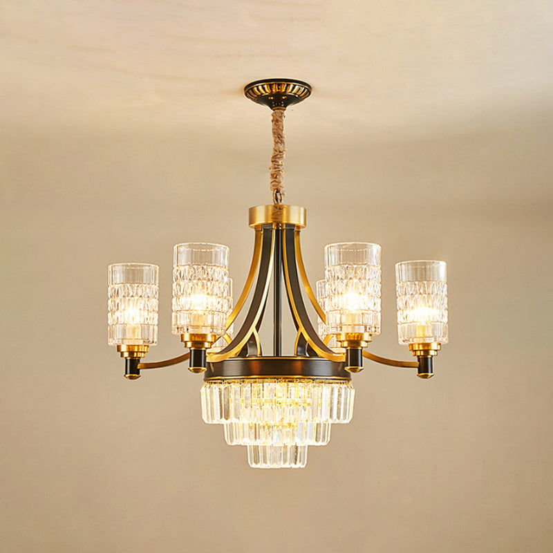 6 Bulbs Ceiling Pendant Retro Living Room Chandelier with Cylinder Clear Glass Shade in Gold Clearhalo 'Ceiling Lights' 'Chandeliers' Lighting' options 889118