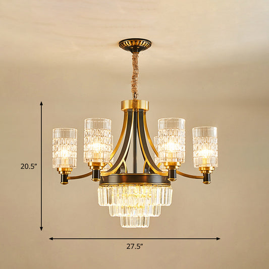 6 Bulbs Ceiling Pendant Retro Living Room Chandelier with Cylinder Clear Glass Shade in Gold Clearhalo 'Ceiling Lights' 'Chandeliers' Lighting' options 889119