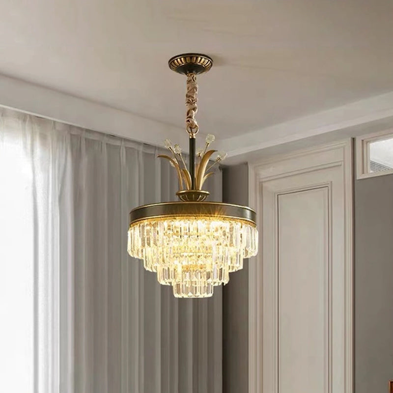 LED Clear Crystal Chandelier Light Classic Gold Layered Dining Room Hanging Pendant Lamp Clearhalo 'Ceiling Lights' 'Chandeliers' Lighting' options 889121