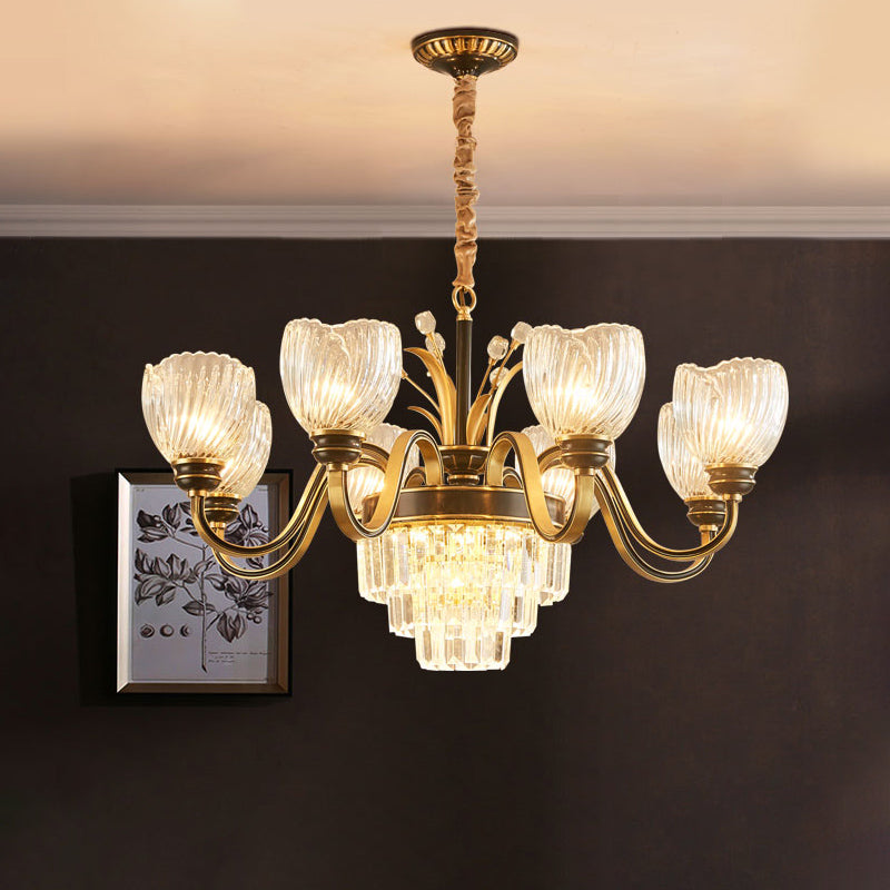 Curvy Arm Living Room Chandelier Classic Clear Prismatic Glass 8-Light Gold Pendant Lighting Gold Clearhalo 'Ceiling Lights' 'Chandeliers' Lighting' options 889124_4e18670a-8239-4381-ac0a-7c322726d601