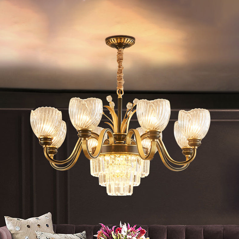 Curvy Arm Living Room Chandelier Classic Clear Prismatic Glass 8-Light Gold Pendant Lighting Clearhalo 'Ceiling Lights' 'Chandeliers' Lighting' options 889125