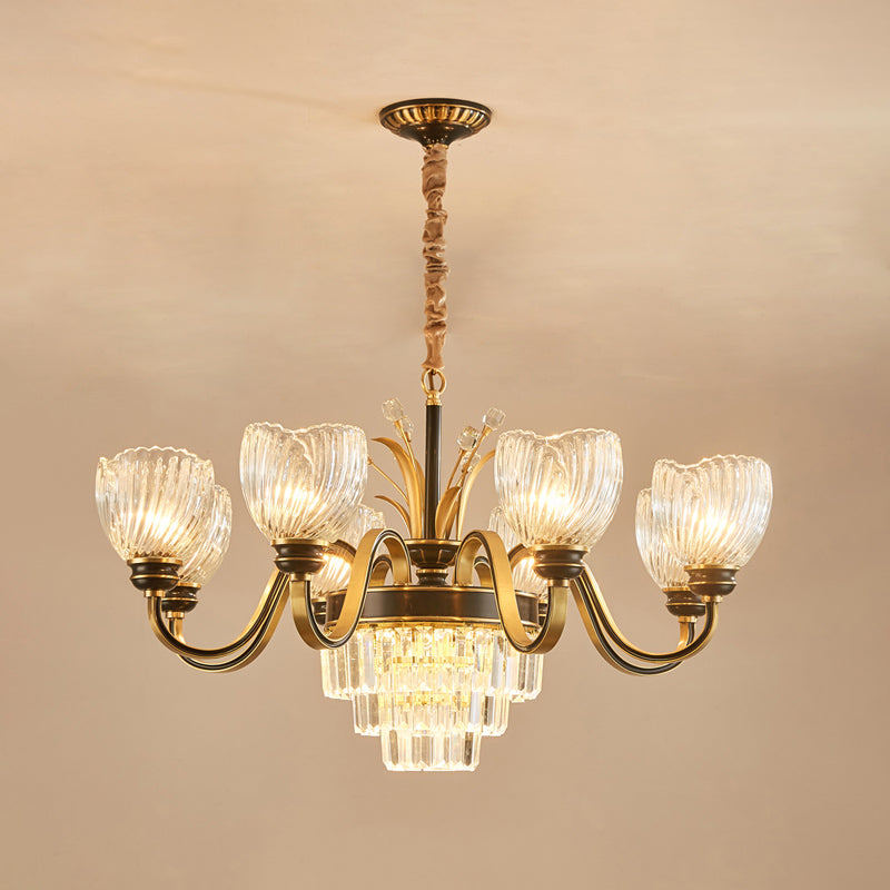 Curvy Arm Living Room Chandelier Classic Clear Prismatic Glass 8-Light Gold Pendant Lighting Clearhalo 'Ceiling Lights' 'Chandeliers' Lighting' options 889126