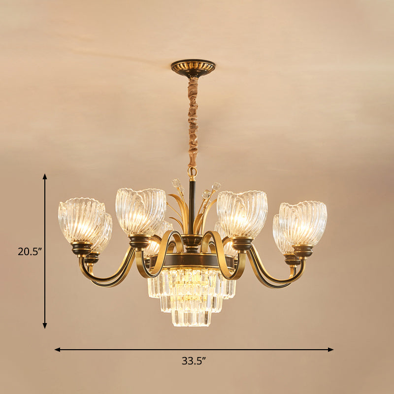 Curvy Arm Living Room Chandelier Classic Clear Prismatic Glass 8-Light Gold Pendant Lighting Clearhalo 'Ceiling Lights' 'Chandeliers' Lighting' options 889127