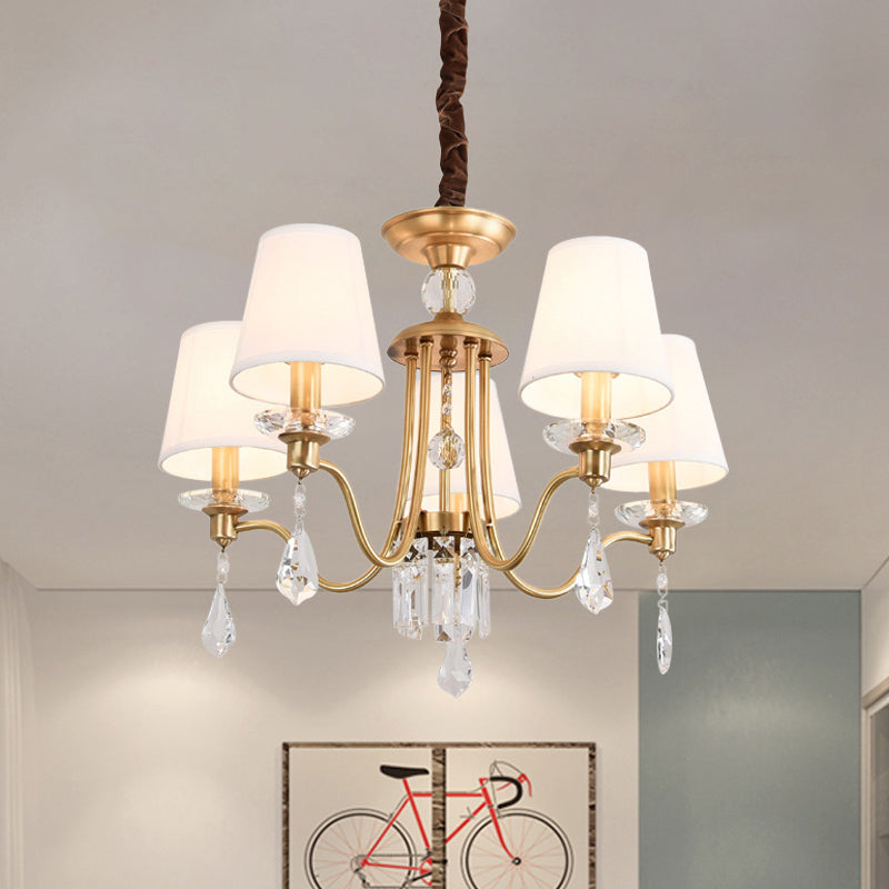 Fabric Brass Chandelier Lamp Barrel 5 Heads Traditional Hanging Light with Crystal Draping Clearhalo 'Ceiling Lights' 'Chandeliers' Lighting' options 889128