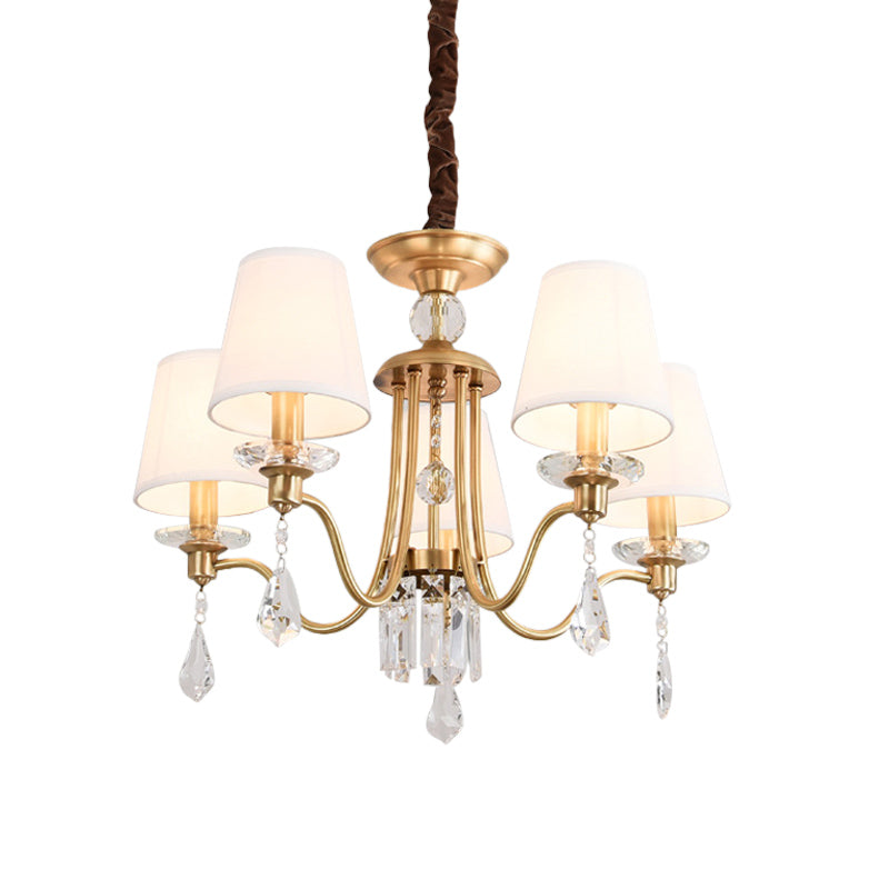 Fabric Brass Chandelier Lamp Barrel 5 Heads Traditional Hanging Light with Crystal Draping Clearhalo 'Ceiling Lights' 'Chandeliers' Lighting' options 889129