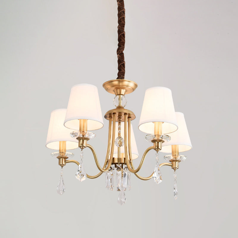 Fabric Brass Chandelier Lamp Barrel 5 Heads Traditional Hanging Light with Crystal Draping Clearhalo 'Ceiling Lights' 'Chandeliers' Lighting' options 889130