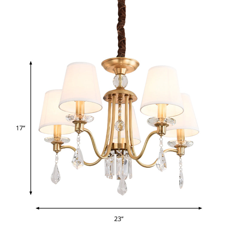 Fabric Brass Chandelier Lamp Barrel 5 Heads Traditional Hanging Light with Crystal Draping Clearhalo 'Ceiling Lights' 'Chandeliers' Lighting' options 889131