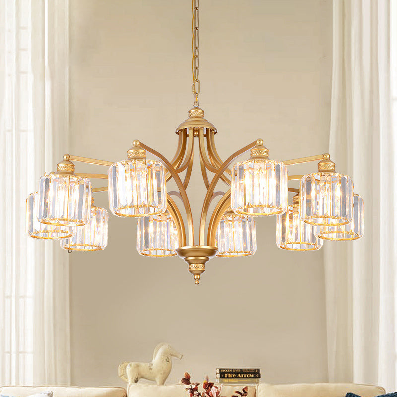 8 Heads K9 Crystal Hanging Lamp Traditionalism Gold Cylindrical Living Room Chandelier Light Clearhalo 'Ceiling Lights' 'Chandeliers' Lighting' options 889136